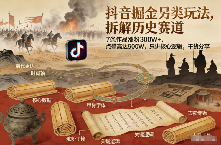 抖音掘金另类玩法，拆解历史赛道，7条作品涨粉300W+，点赞量高达900W，只讲核心逻辑，干货分享-靠谱项目库