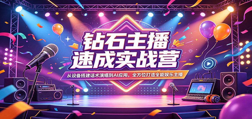 钻石主播速成实战营：从设备搭建话术演唱到AI应用，全方位打造全能娱乐主播-靠谱项目库