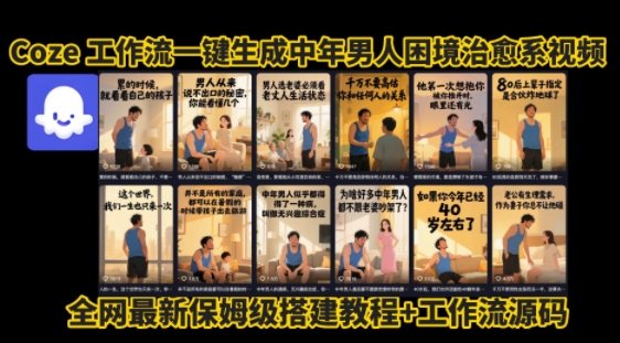 coze工作流一键生成”中年男人困境扎心高涨粉高播放量图文视频”保姆级拆解教程，无需剪辑，无需拍摄写文案-靠谱项目库
