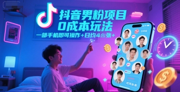 抖音男粉项目0成本玩法，一部手机即可操作，日均4张+，时间自由-靠谱项目库
