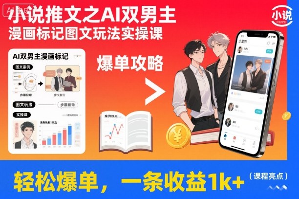 小说推文之AI双男主漫画标记图文玩法实操课，轻松爆单，一条收益1k+-靠谱项目库