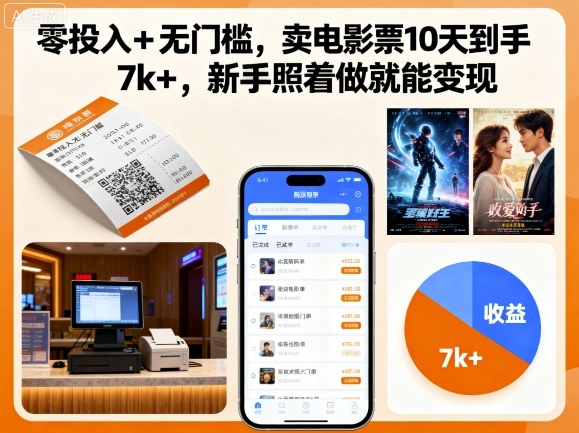 零投入+无门槛，卖电影票10天到手7k+，新手照着做就能变现【揭秘】-靠谱项目库