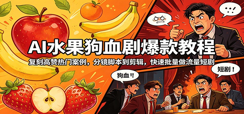 AI水果狗血剧爆款教程：复刻高赞热门案例，分镜脚本到剪辑，快速批量做流量短剧-靠谱项目库