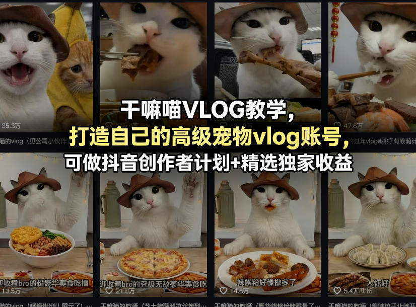 干嘛喵VLOG教学，打造自己的高级宠物vlog账号，可做抖音创作者计划+精选独家收益-靠谱项目库