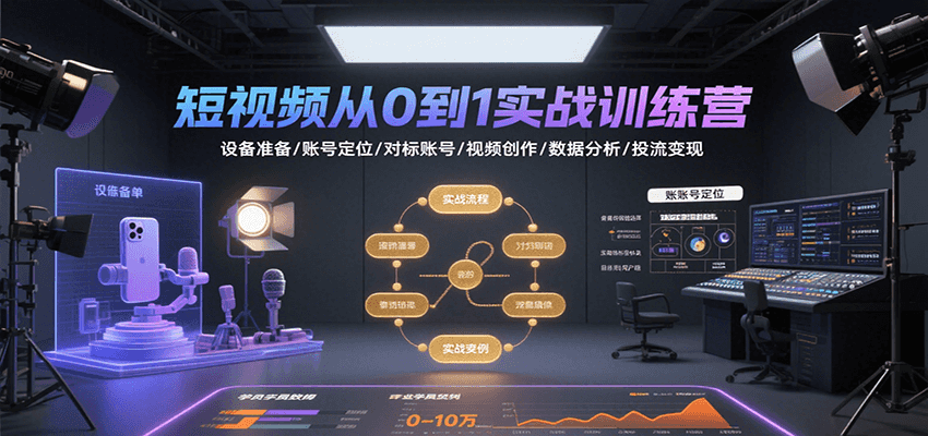 短视频从0到1实战训练营：设备准备/账号定位/对标账号/视频创作/数据分析/投流变现-靠谱项目库