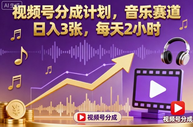 视频号分成计划，音乐赛道，日入3张，每天2小时-靠谱项目库