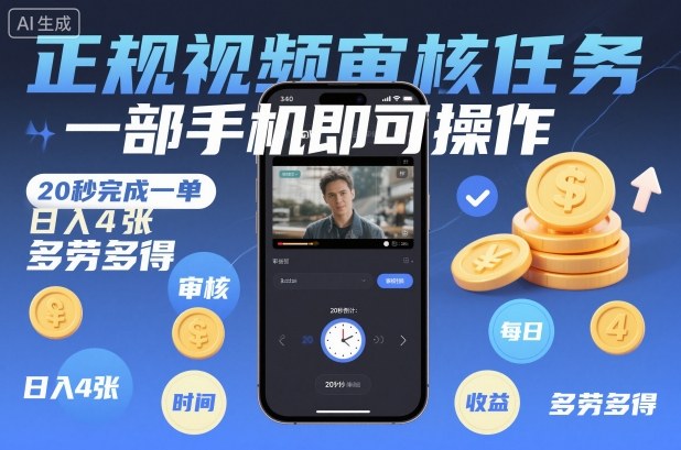 正规视频审核任务，一部手机即可操作，20秒完成一单，日入4张，多劳多得【揭秘】-靠谱项目库