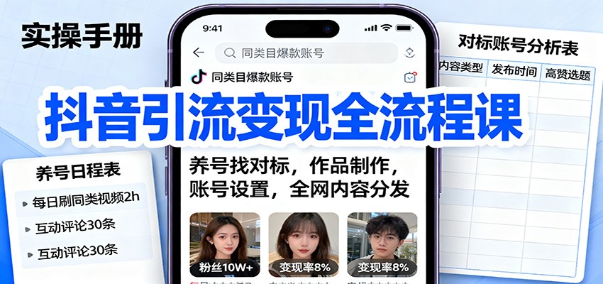 抖音引流变现全流程课：养号找对标，作品制作，账号设置，全网内容分发-靠谱项目库