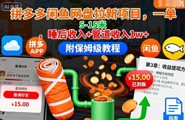 拼多多闲鱼网盘拉新项目，一单5-15米，睡后收入+管道收入1w+（附保姆级教程）-靠谱项目库