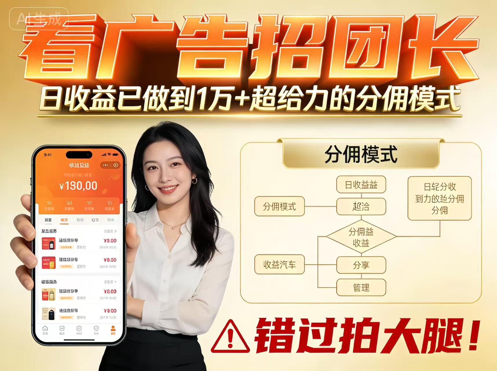 看广告招团长，团队收益已做到日入1万，分佣模式超给力，错过拍大腿-靠谱项目库