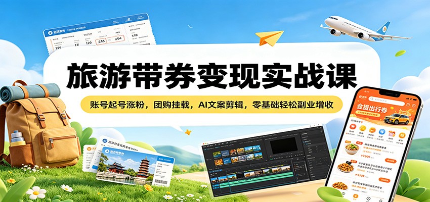 旅游带券变现实战课：账号起号涨粉，团购挂载，AI文案剪辑，零基础轻松副业增收-靠谱项目库