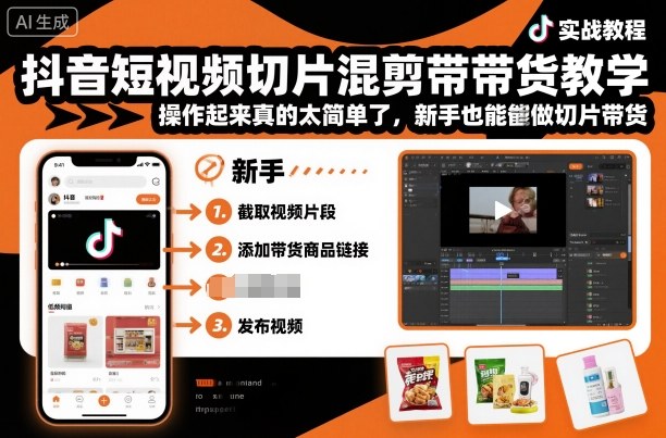 抖音短视频切片混剪带货教学，操作起来真的太简单了，新手也能做切片带货-靠谱项目库