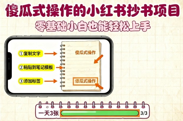 傻瓜式操作的小红书抄书项目，会复制粘贴就行，零基础小白也能一天3张-靠谱项目库