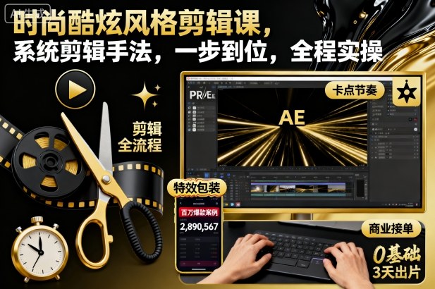 时尚酷炫风格剪辑课，系统剪辑手法，一步到位，全程实操-靠谱项目库