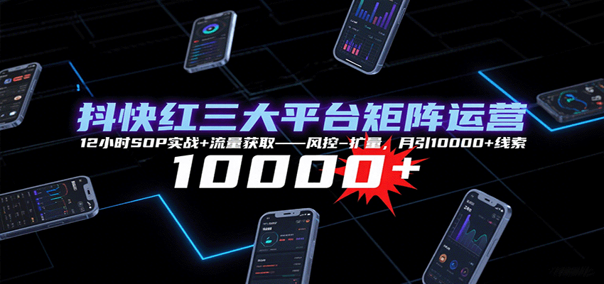 抖快红三大平台矩阵运营，12小时SOP实战+流量获取-风控-扩量，月引10000+线索-靠谱项目库