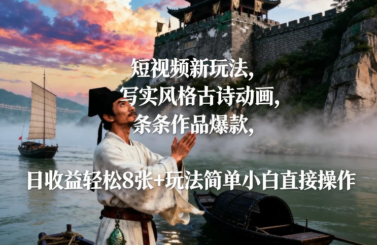 短视频新玩法，写实风格古诗动画，条条作品爆款，日收益轻松8张+玩法简单小白直接操作-靠谱项目库