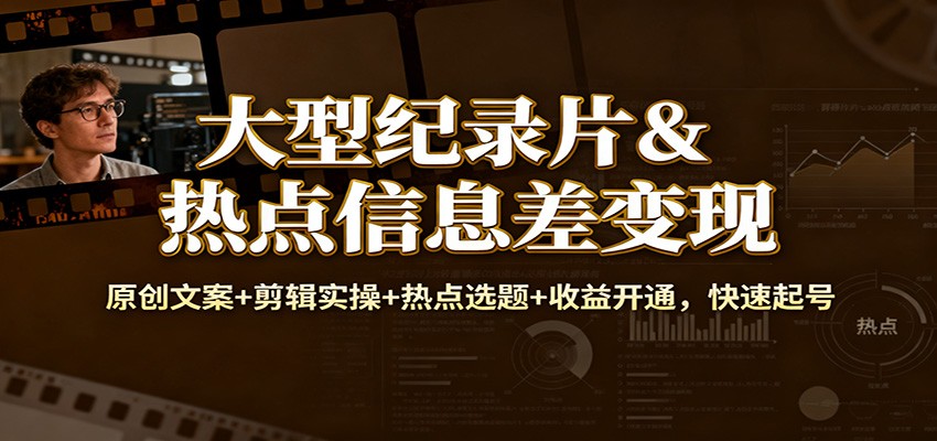 大型纪录片&热点信息差变现：原创文案+剪辑实操+热点选题+收益开通，快速起号-靠谱项目库