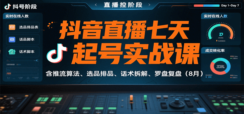 抖音直播七天起号实战课：含推流算法、选品排品、话术拆解、罗盘复盘（8月）-靠谱项目库