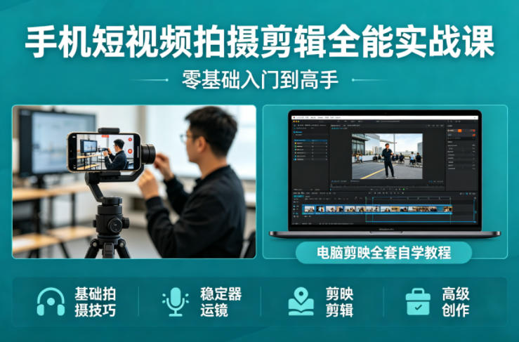 手机短视频拍摄剪辑全能实战课：零基础入门到高手，稳定器运镜+电脑剪映全套自学教程-靠谱项目库