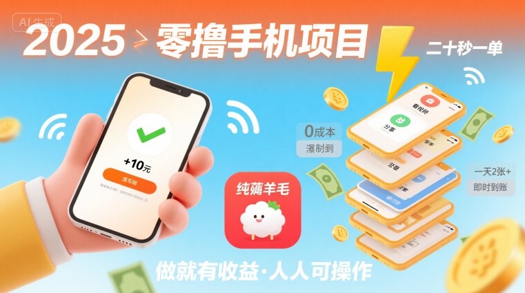 2025年零撸手机项目，二十秒一单，纯薅羊毛 一天2张+做就有-靠谱项目库
