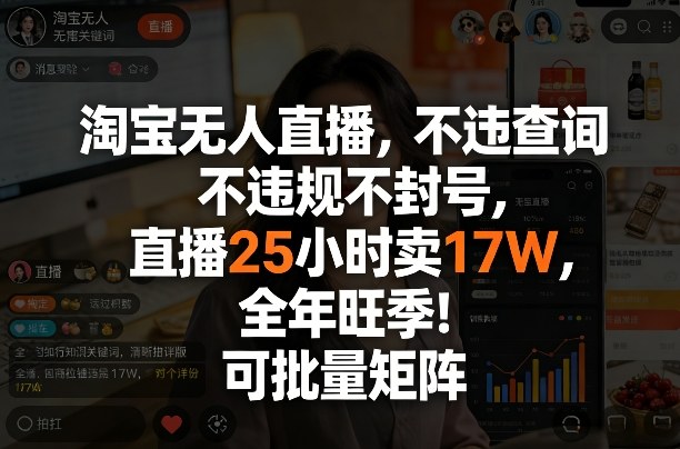 淘宝无人直播，不违规不封号，直播25小时卖17W，全年旺季！可批量矩阵【揭秘】-靠谱项目库