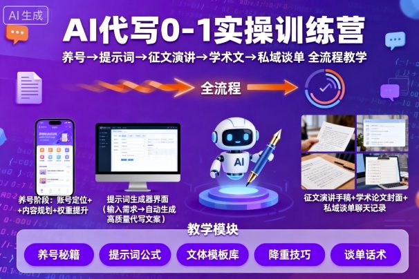 AI代写0-1实操训练营，从养号、提示词、征文演讲、学术文，到私域谈单的全流程教学-靠谱项目库