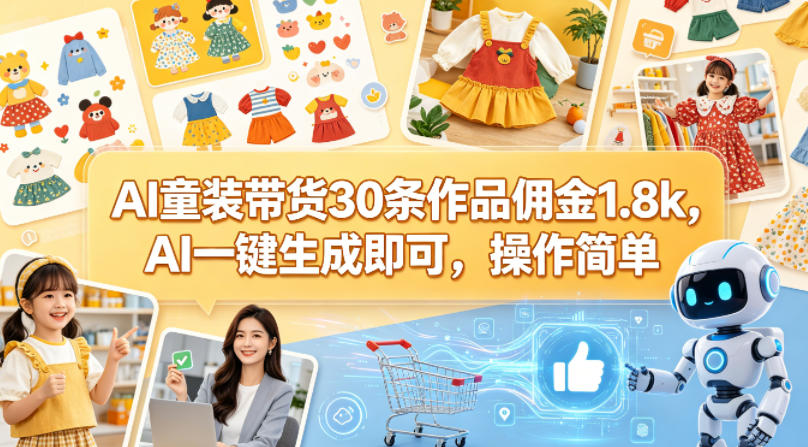 AI童装带货30条作品佣金1.8k，AI一键生成即可，操作简单-靠谱项目库