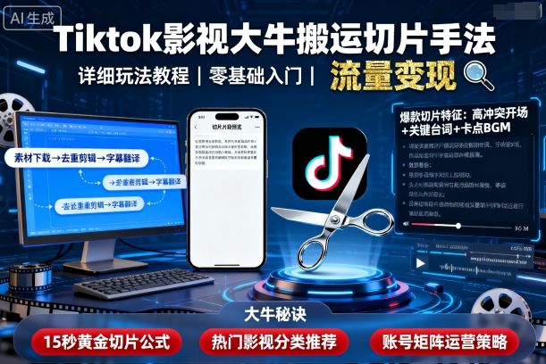 Tiktok影视大牛搬运切片手法，详细玩法教程-靠谱项目库
