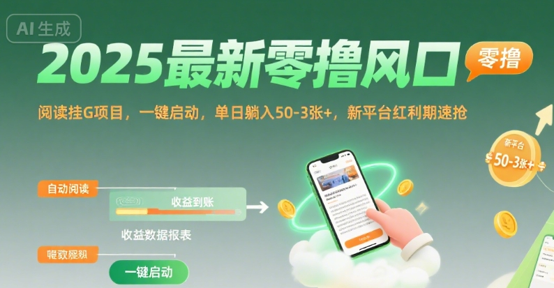 2025最新零撸风口，阅读挂G项目，一键启动，单日躺入 50-3张+，新平台红利期速抢【揭秘】-靠谱项目库