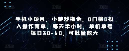 手机小项目，小游戏撸金，0门槛0投入操作简单，每天半小时，单机单号每日30-50，可批量放大-靠谱项目库