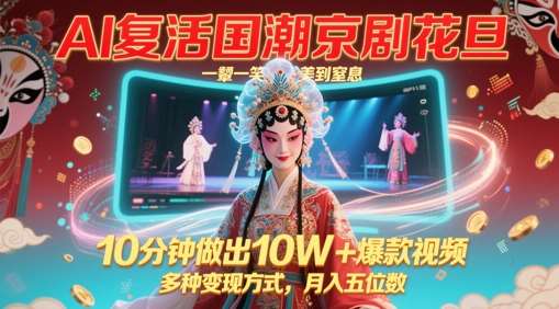 AI复活国潮京剧花旦，一颦一笑美到窒息，10分钟做出10W+爆款视频，多种变现方式，月入五位数-靠谱项目库