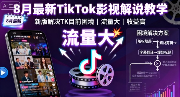 8月最新TikTok影视解说教学，新版解决TK目前困境，流量大，收益高-靠谱项目库
