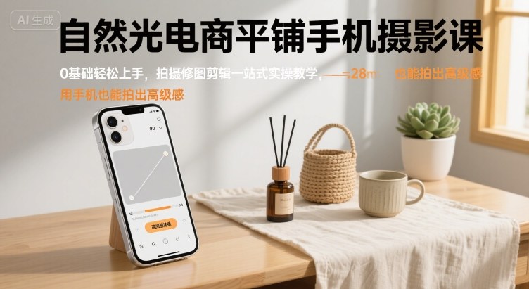 自然光电商平铺手机摄影课，0基础轻松上手，拍摄修图剪辑一站式实操教学，用手机也能拍出高级感-靠谱项目库