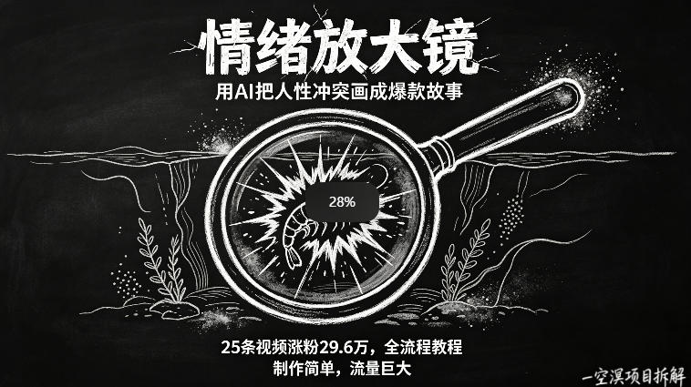 AI制作“情绪放大镜“视频，25条视频涨粉29.6W粉，流量巨大，制作简单，全流程教程-靠谱项目库
