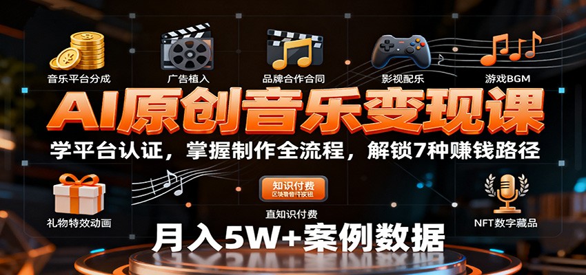 AI原创音乐变现课：学平台认证，掌握制作全流程，解锁7种赚钱路径-靠谱项目库