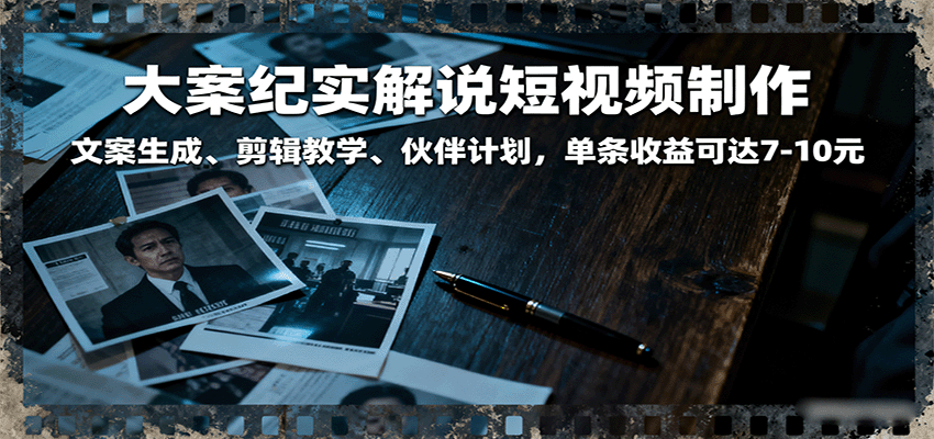 大案纪实解说短视频制作，文案生成、剪辑教学、伙伴计划，单条收益可达7-10元-靠谱项目库