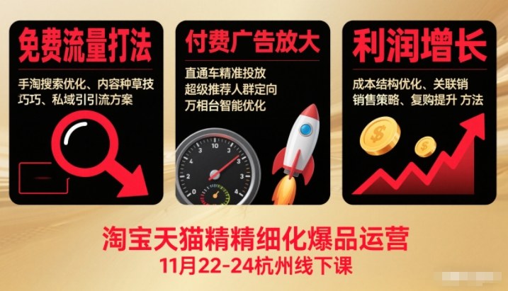 淘宝天猫精细化爆品运营11月22-24杭州线下课，免费流量打法+付费广告放大+利润增长（音频+文档）-靠谱项目库