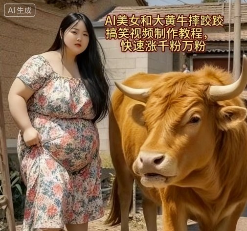 AI美女和大黄牛摔跤搞笑荒诞视频制作教程，快速涨千粉万粉-靠谱项目库