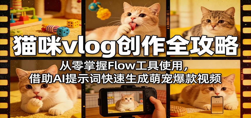 猫咪vlog创作全攻略：从零掌握Flow工具使用，借助AI提示词快速生成萌宠爆款视频-靠谱项目库