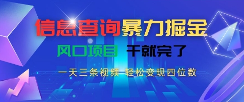 信息查询暴力掘金，一天三条视频，轻松变现四位数，风口项目干就完了【揭秘】-靠谱项目库