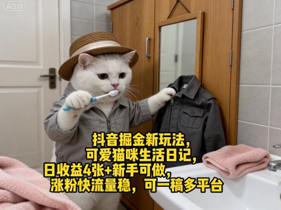 抖音掘金新玩法，可爱猫咪生活日记，日收益4张+新手可做，涨粉快流量稳，可一稿多平台-靠谱项目库