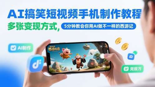 AI搞笑短视频手机制作教程，多张变现方式，5分钟教会你用AI做不一样的西游记-靠谱项目库