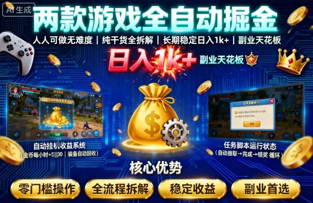 两款游戏全自动掘金，人人可做无难度，纯干货全拆解，长期稳定，日入1k+，副业天花板【揭秘】-靠谱项目库