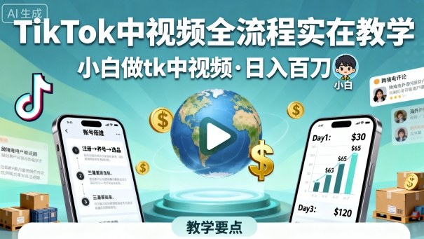 TikTok中视频全流程实操教学，小白做tk中视频，日入百刀-靠谱项目库