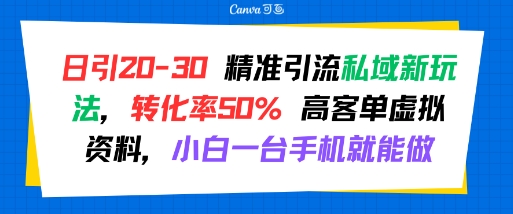 日引 20-30 精准引流私域新玩法，转化率50% 高客单虚拟资料，小白一台手机就能做-靠谱项目库