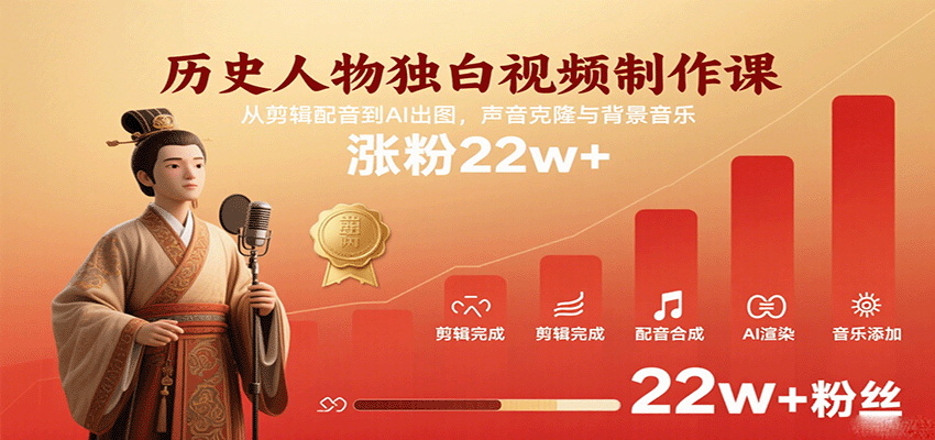 历史人物独白视频制作课，从剪辑配音到AI出图，声音克隆与背景音乐，涨粉22w+-靠谱项目库
