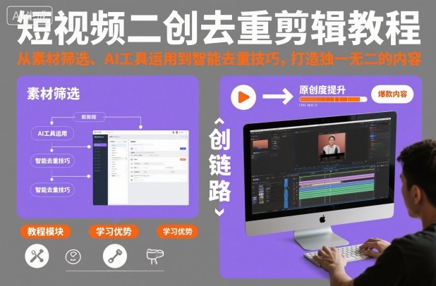 短视频二创去重剪辑教程，从素材筛选、AI工具运用到智能去重技巧，打造独一无二的内容-靠谱项目库