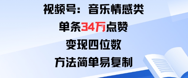 视频号分成计划新玩法：音乐情感类单条34W点赞，变现四位数，方法简单易复制-靠谱项目库