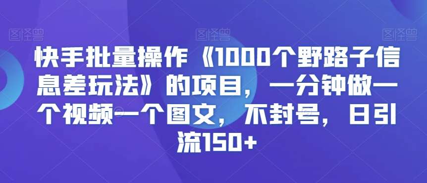 快手批量操作《1000个野路子信息差玩法》的项目，一分钟做一个视频一个图文，不封号，日引流150+【揭秘】-靠谱项目库