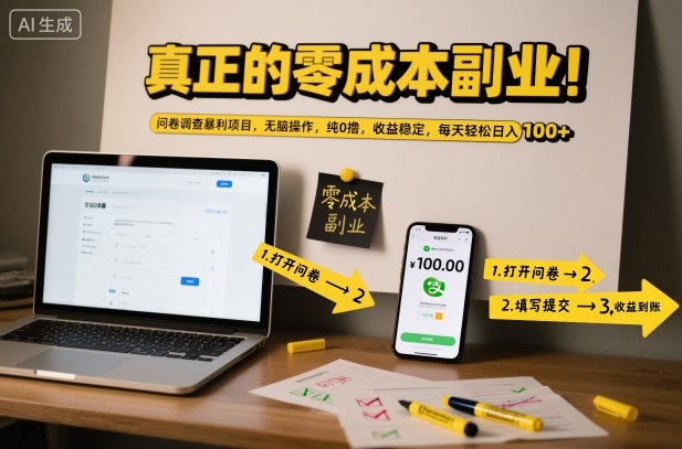 真正的零成本副业！问卷调查暴利项目，无脑操作，纯0撸，收益稳定，每天轻松日入100+【揭秘】-靠谱项目库